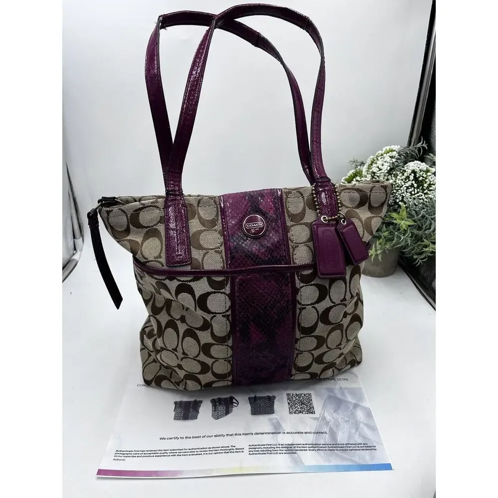 Authenticated F25706 Raspberry Snakeskin Tan Brown Signature Logo‎ Tote Bag